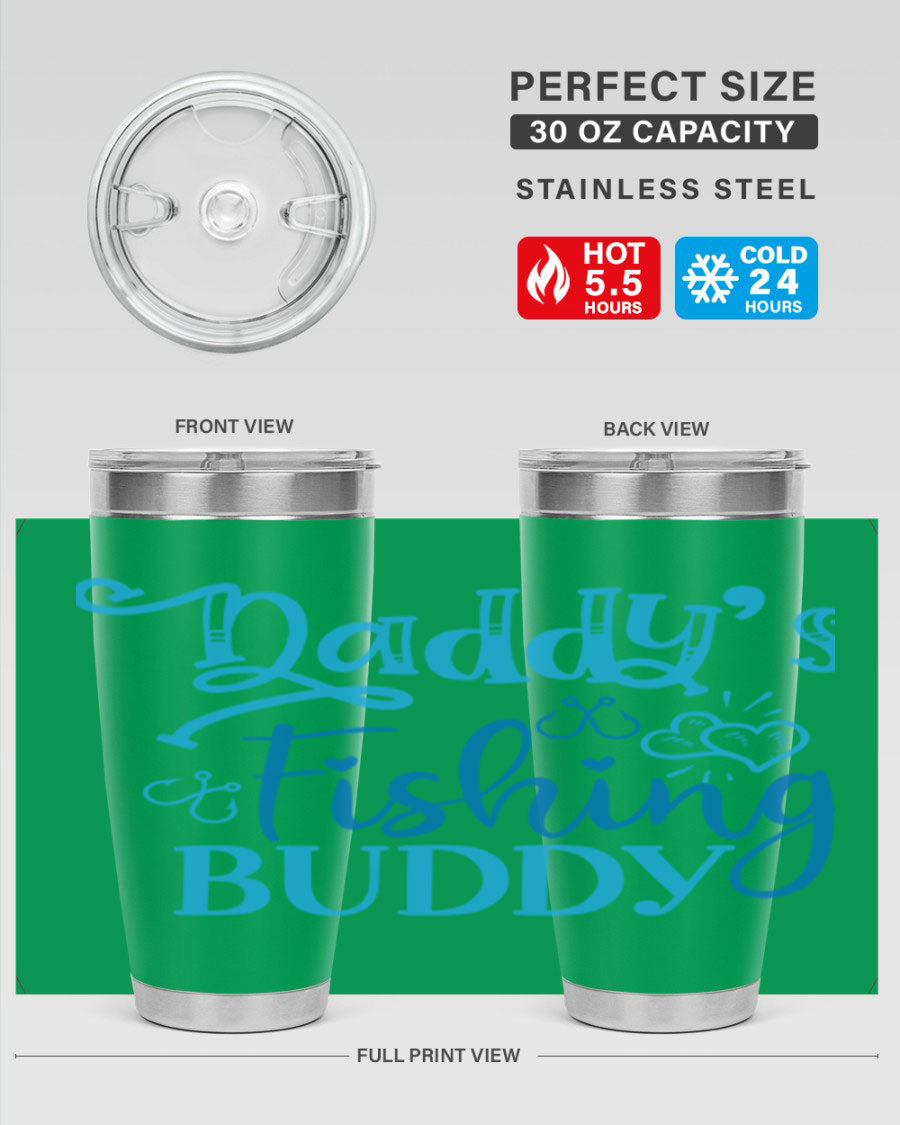 Dadys Fishing Buddy 223# 20oz Tumbler in stainless steel with a drink-thru lid, designed for hot and cold beverages.