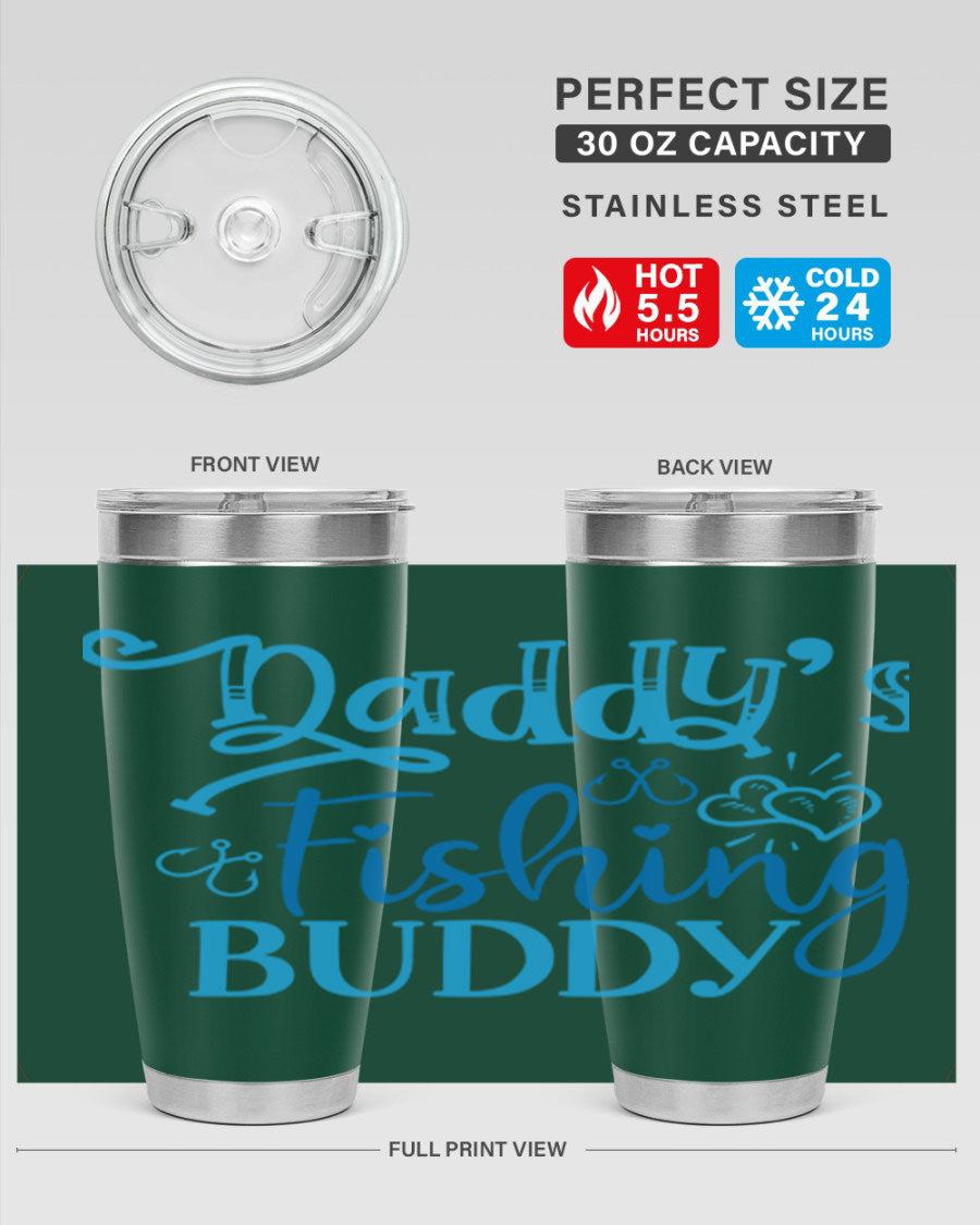 Dadys Fishing Buddy 223# 20oz Tumbler in stainless steel with a drink-thru lid, designed for hot and cold beverages.