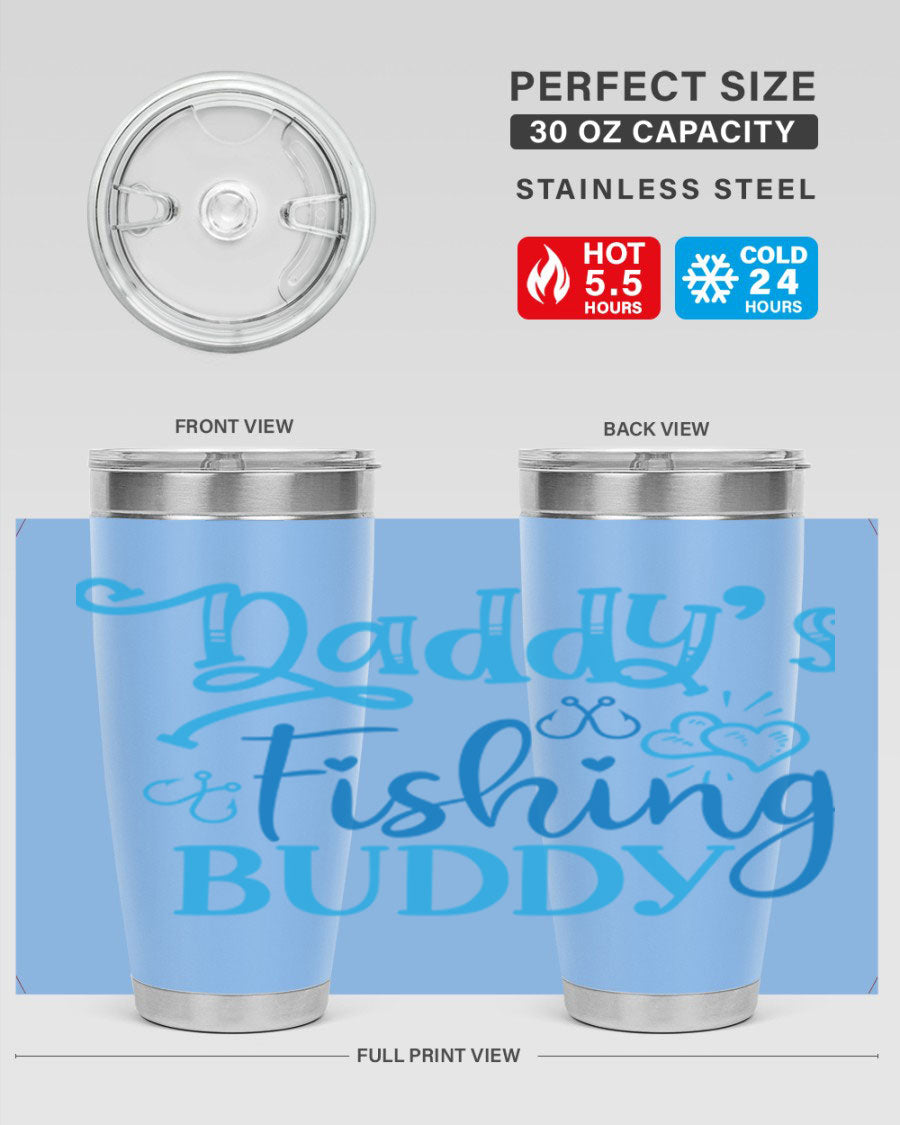 Dadys Fishing Buddy 223# 20oz Tumbler in stainless steel with a drink-thru lid, designed for hot and cold beverages.