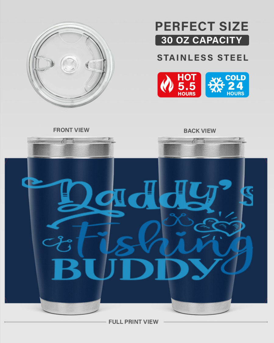 Dadys Fishing Buddy 223# 20oz Tumbler in stainless steel with a drink-thru lid, designed for hot and cold beverages.