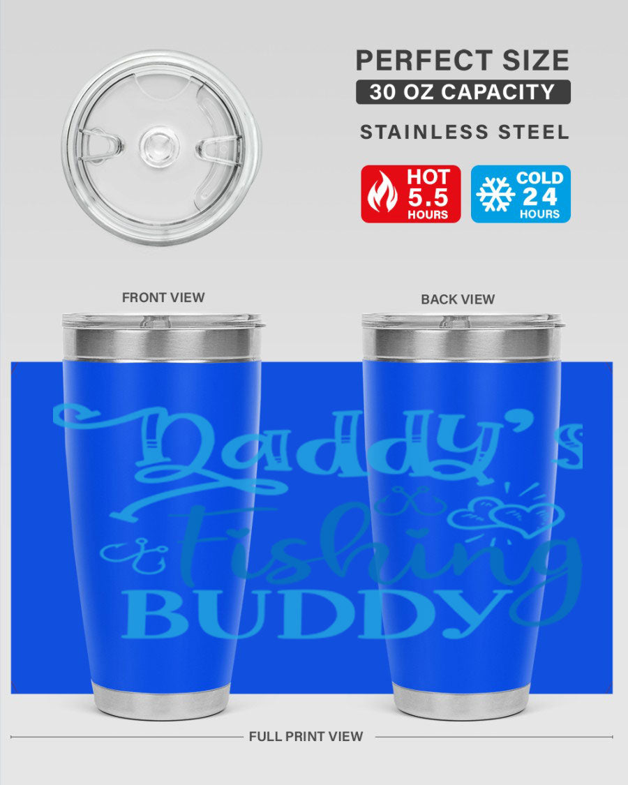 Dadys Fishing Buddy 223# 20oz Tumbler in stainless steel with a drink-thru lid, designed for hot and cold beverages.