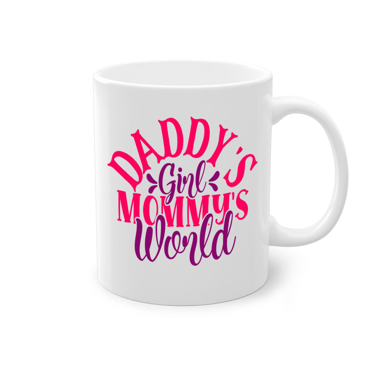 A two-tone ceramic coffee mug with a colored handle and interior, featuring the phrase 'Daddy's Girl Mommy's World' in a glossy finish.