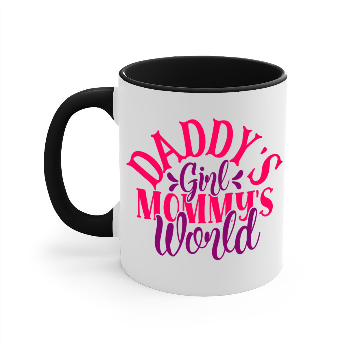 A two-tone ceramic coffee mug with a colored handle and interior, featuring the phrase 'Daddy's Girl Mommy's World' in a glossy finish.