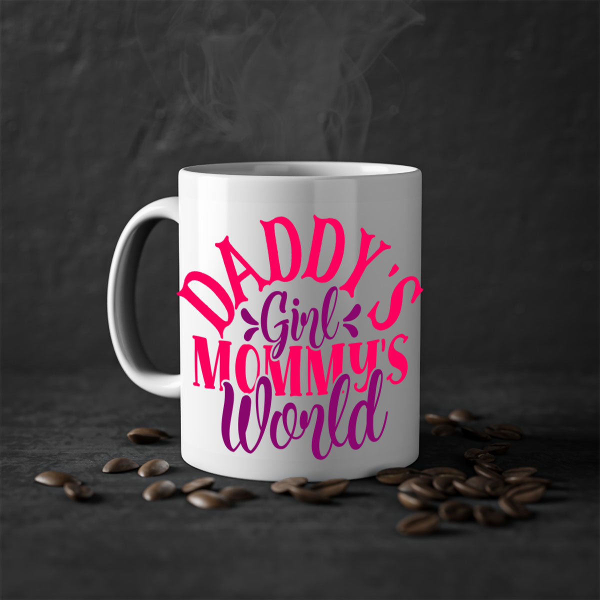A two-tone ceramic coffee mug with a colored handle and interior, featuring the phrase 'Daddy's Girl Mommy's World' in a glossy finish.