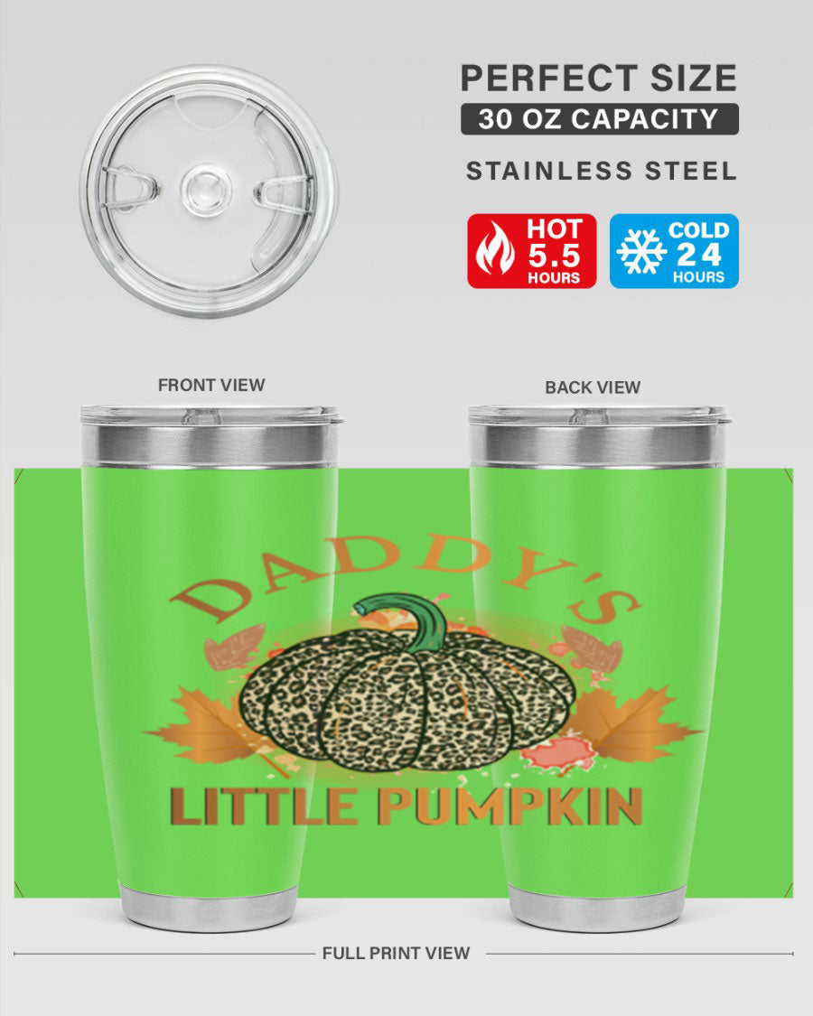 Daddys Little Pumpkin 67# 20oz tumbler featuring a festive fall design, made of stainless steel with a drink-thru lid.