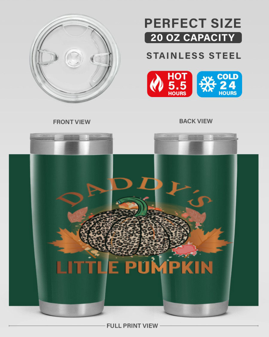 Daddys Little Pumpkin 67# 20oz tumbler featuring a festive fall design, made of stainless steel with a drink-thru lid.