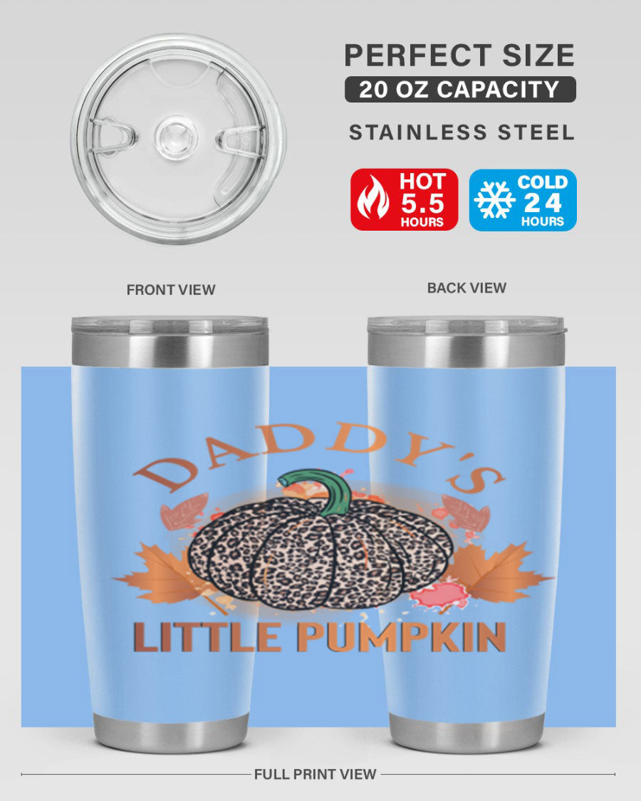 Daddys Little Pumpkin 67# 20oz tumbler featuring a festive fall design, made of stainless steel with a drink-thru lid.