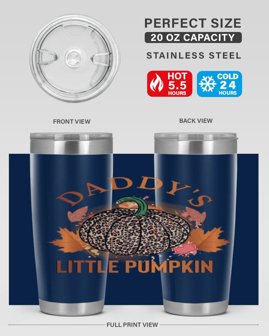 Daddys Little Pumpkin 67# 20oz tumbler featuring a festive fall design, made of stainless steel with a drink-thru lid.