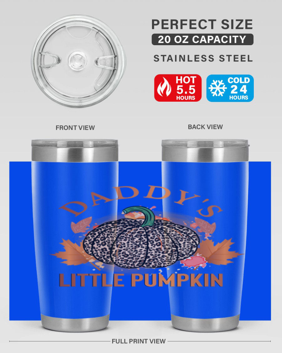 Daddys Little Pumpkin 67# 20oz tumbler featuring a festive fall design, made of stainless steel with a drink-thru lid.