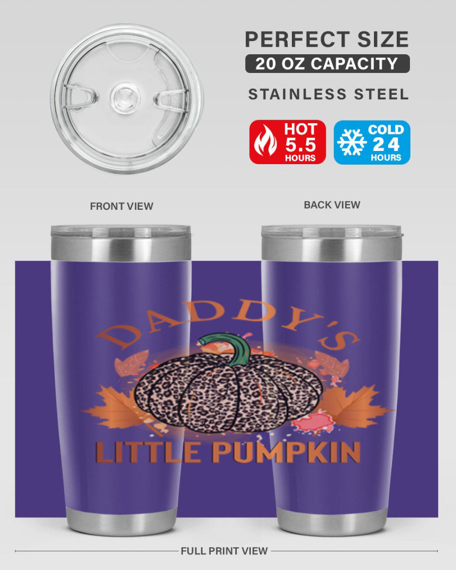 Daddys Little Pumpkin 67# 20oz tumbler featuring a festive fall design, made of stainless steel with a drink-thru lid.