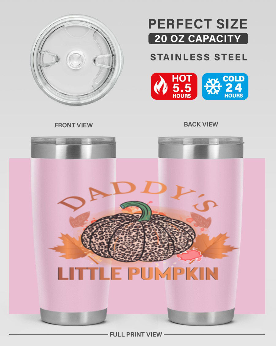 Daddys Little Pumpkin 67# 20oz tumbler featuring a festive fall design, made of stainless steel with a drink-thru lid.