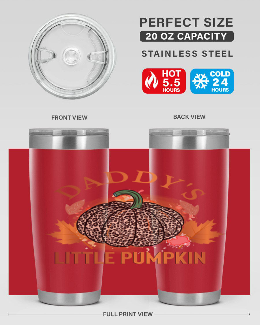 Daddys Little Pumpkin 67# 20oz tumbler featuring a festive fall design, made of stainless steel with a drink-thru lid.