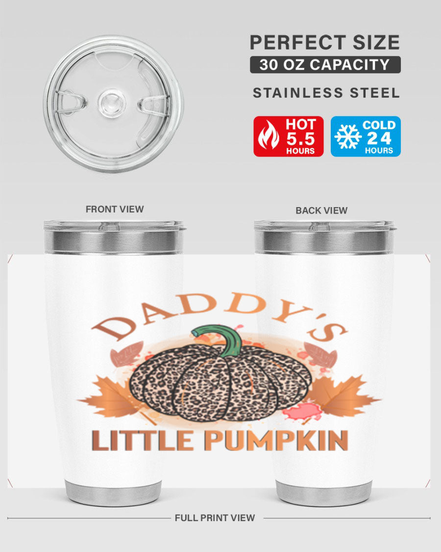 Daddys Little Pumpkin 67# 20oz tumbler featuring a festive fall design, made of stainless steel with a drink-thru lid.
