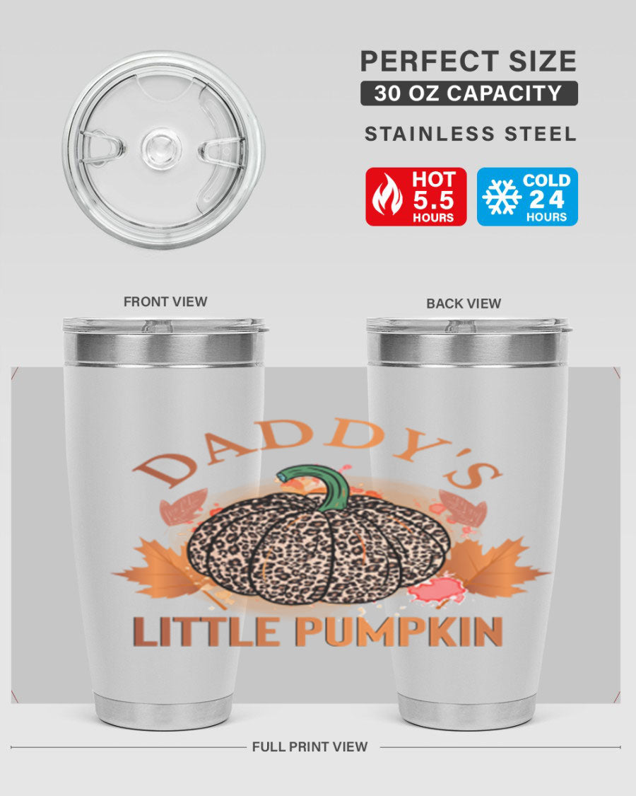 Daddys Little Pumpkin 67# 20oz tumbler featuring a festive fall design, made of stainless steel with a drink-thru lid.