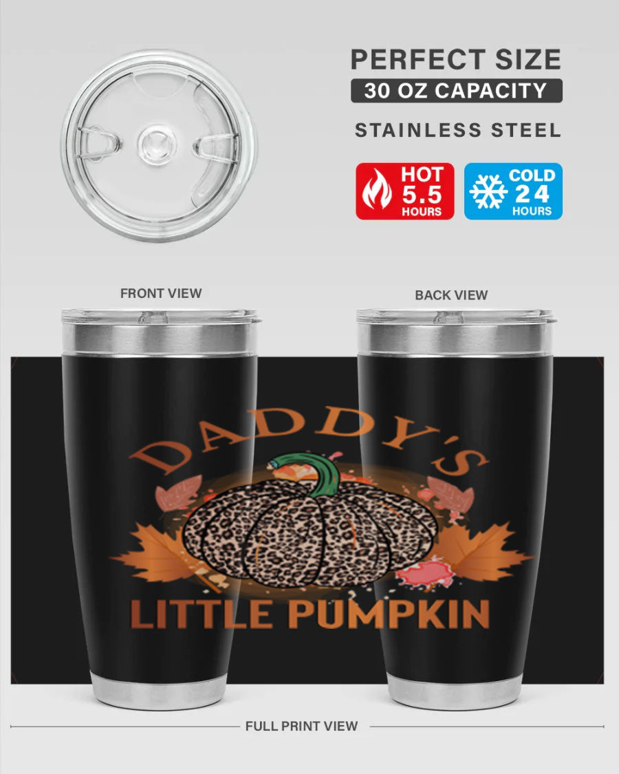 Daddys Little Pumpkin 67# 20oz tumbler featuring a festive fall design, made of stainless steel with a drink-thru lid.