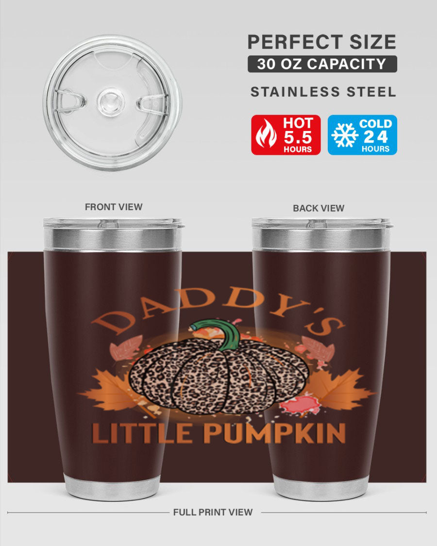 Daddys Little Pumpkin 67# 20oz tumbler featuring a festive fall design, made of stainless steel with a drink-thru lid.