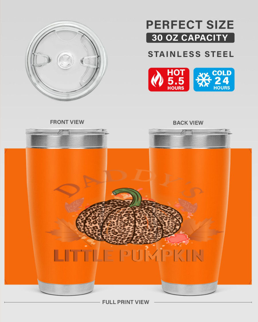 Daddys Little Pumpkin 67# 20oz tumbler featuring a festive fall design, made of stainless steel with a drink-thru lid.