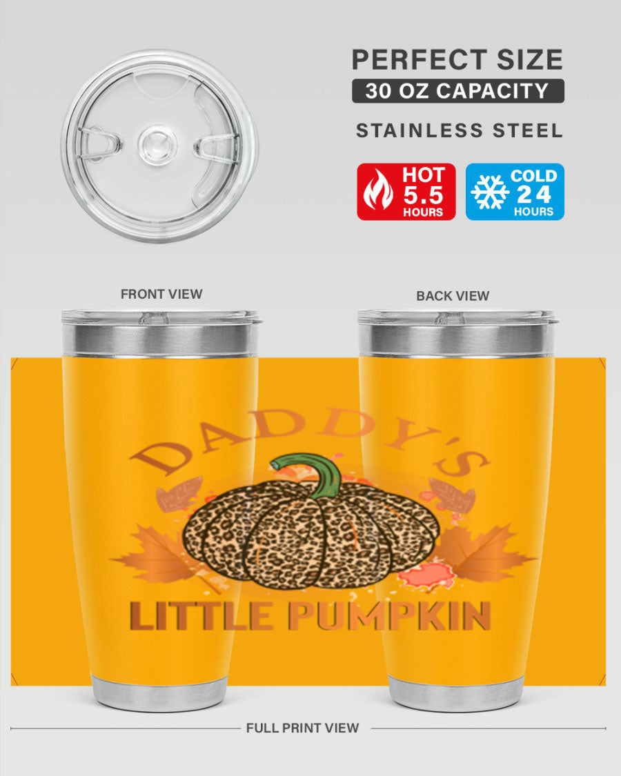 Daddys Little Pumpkin 67# 20oz tumbler featuring a festive fall design, made of stainless steel with a drink-thru lid.