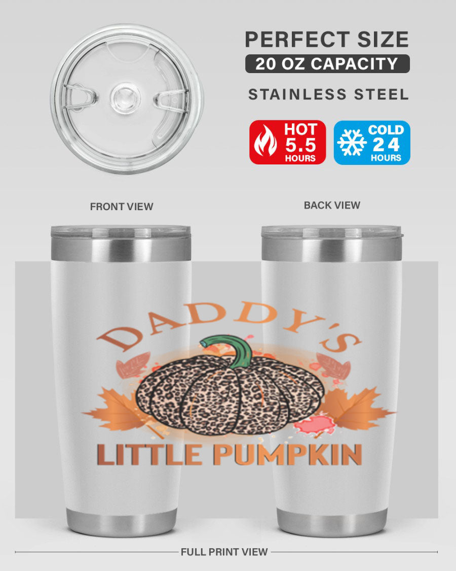 Daddys Little Pumpkin 67# 20oz tumbler featuring a festive fall design, made of stainless steel with a drink-thru lid.