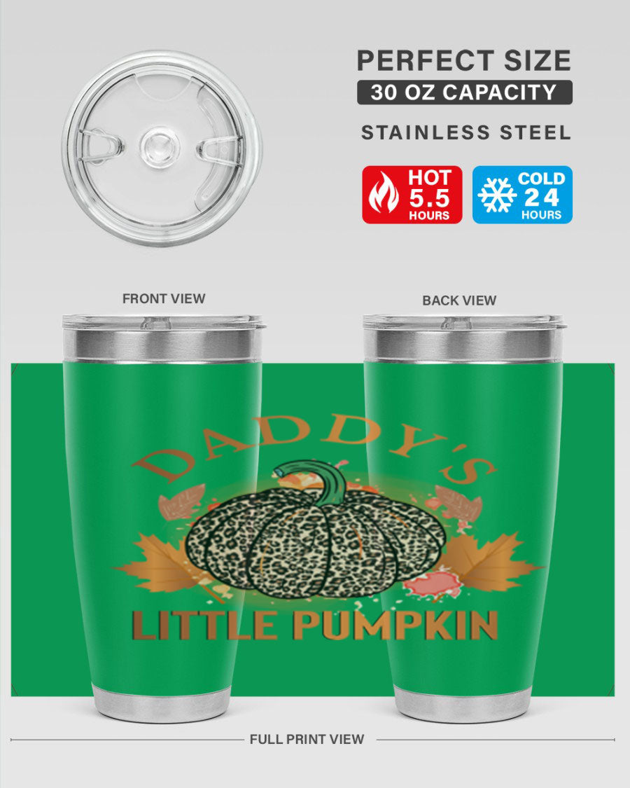 Daddys Little Pumpkin 67# 20oz tumbler featuring a festive fall design, made of stainless steel with a drink-thru lid.