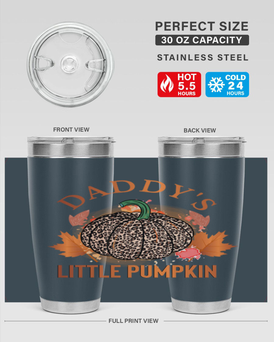 Daddys Little Pumpkin 67# 20oz tumbler featuring a festive fall design, made of stainless steel with a drink-thru lid.