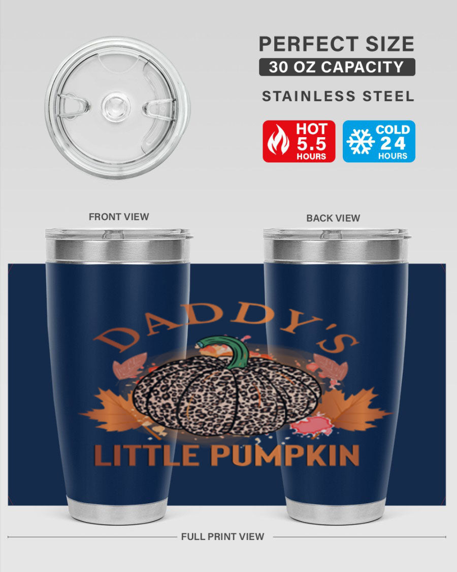 Daddys Little Pumpkin 67# 20oz tumbler featuring a festive fall design, made of stainless steel with a drink-thru lid.