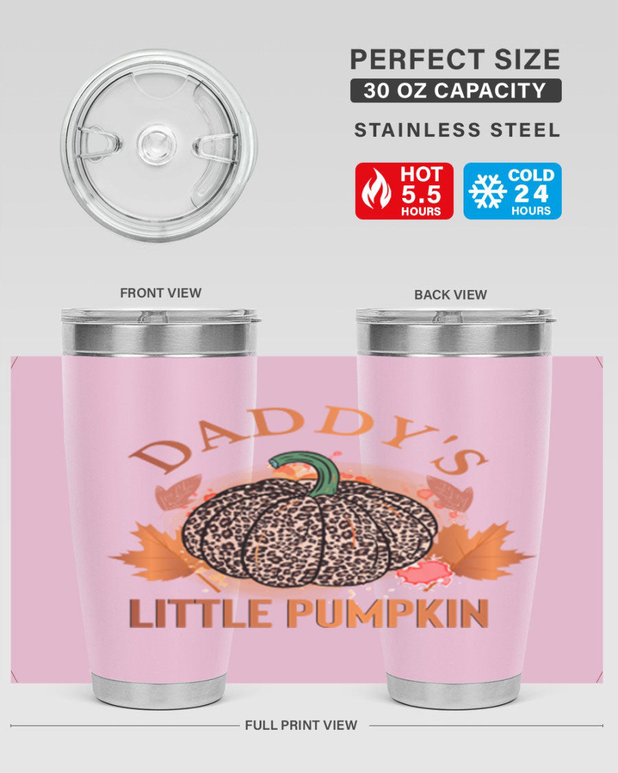 Daddys Little Pumpkin 67# 20oz tumbler featuring a festive fall design, made of stainless steel with a drink-thru lid.