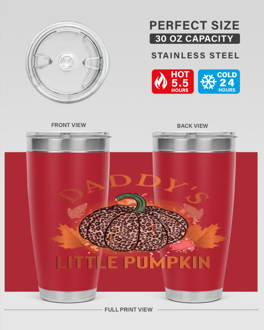 Daddys Little Pumpkin 67# 20oz tumbler featuring a festive fall design, made of stainless steel with a drink-thru lid.