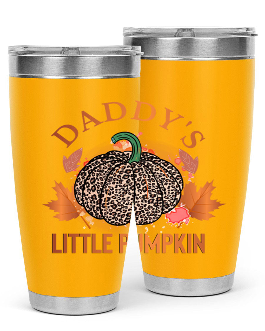 Daddys Little Pumpkin 67# 20oz tumbler featuring a festive fall design, made of stainless steel with a drink-thru lid.