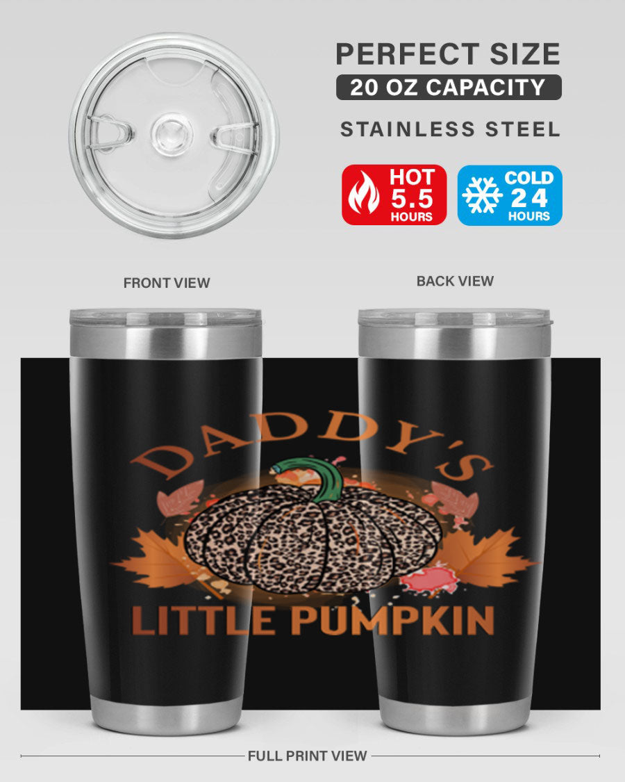 Daddys Little Pumpkin 67# 20oz tumbler featuring a festive fall design, made of stainless steel with a drink-thru lid.