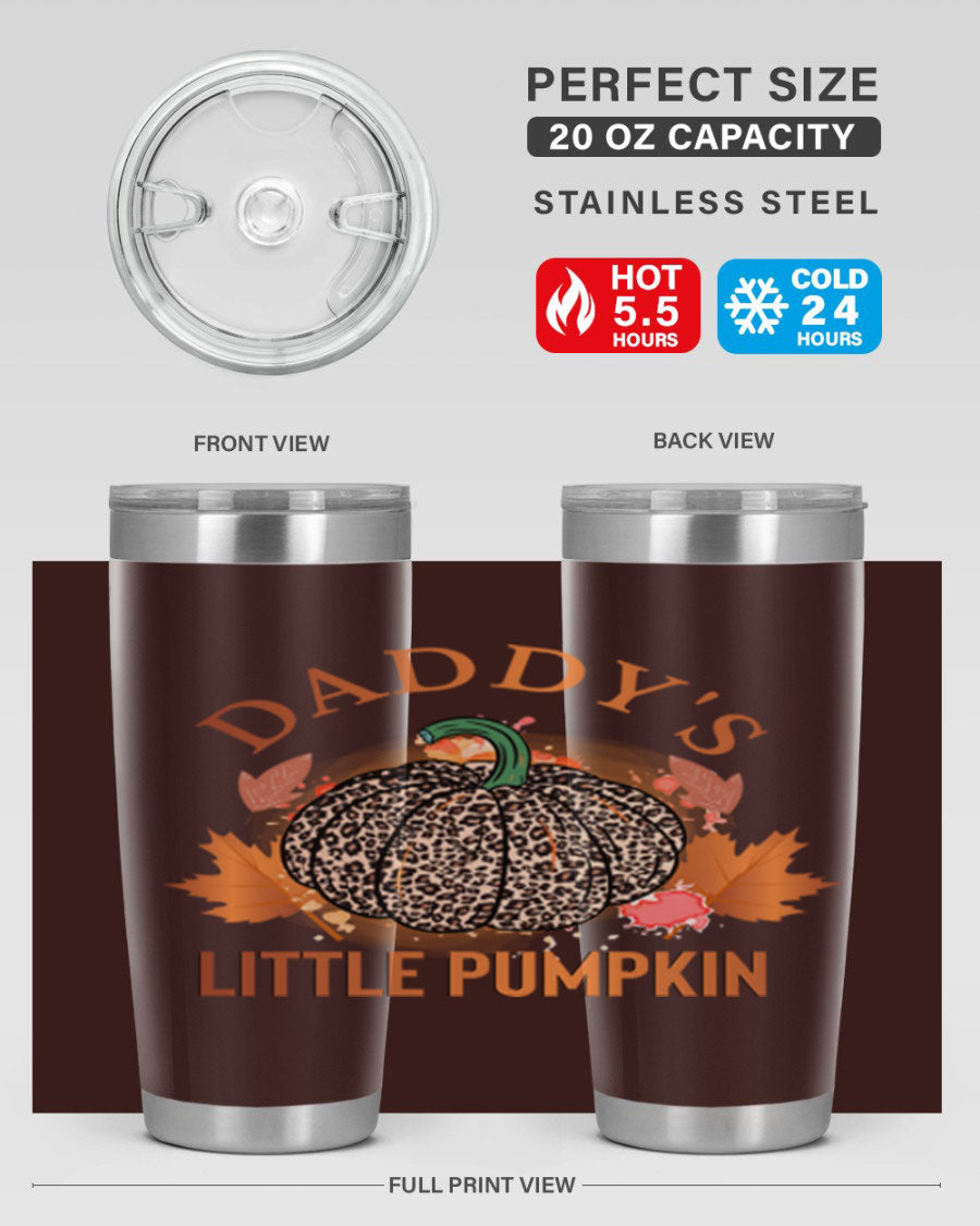 Daddys Little Pumpkin 67# 20oz tumbler featuring a festive fall design, made of stainless steel with a drink-thru lid.