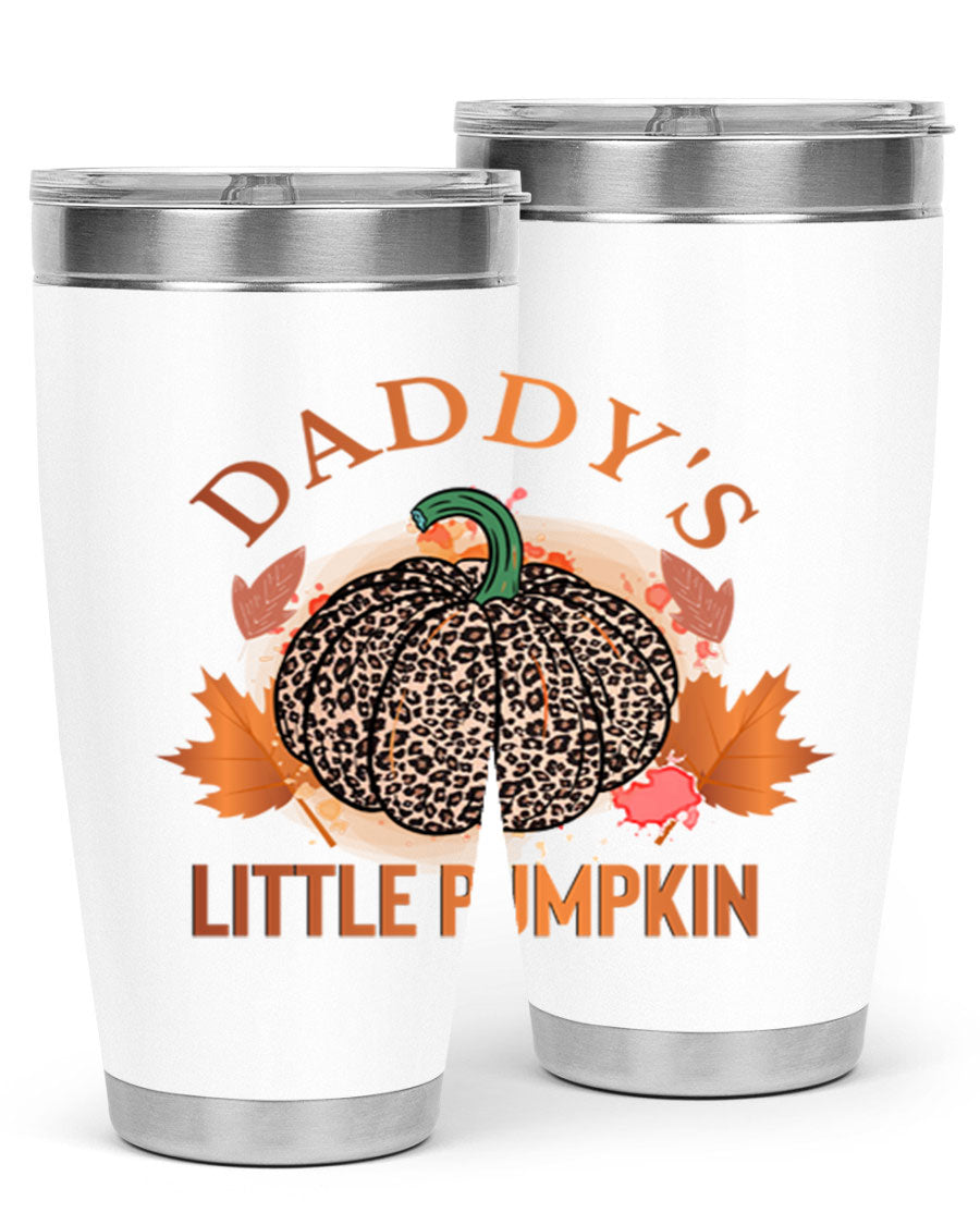 Daddys Little Pumpkin 67# 20oz tumbler featuring a festive fall design, made of stainless steel with a drink-thru lid.