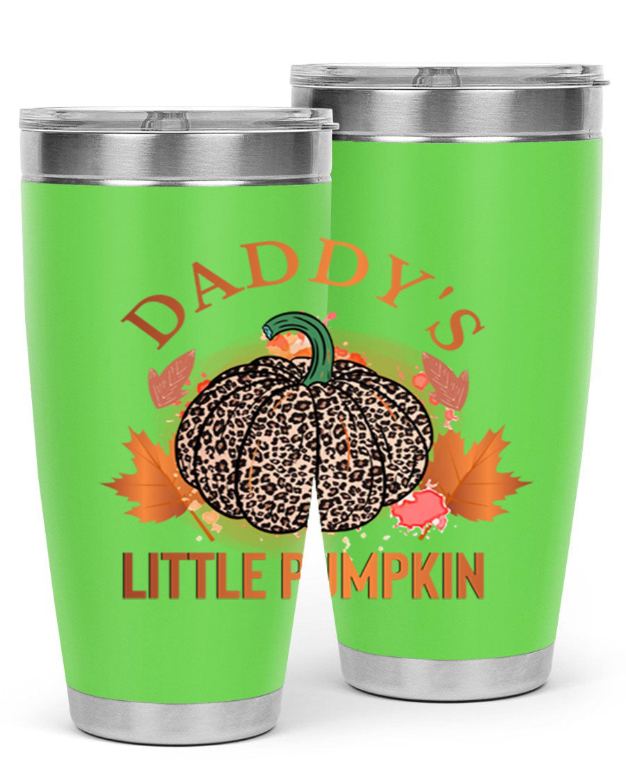 Daddys Little Pumpkin 67# 20oz tumbler featuring a festive fall design, made of stainless steel with a drink-thru lid.