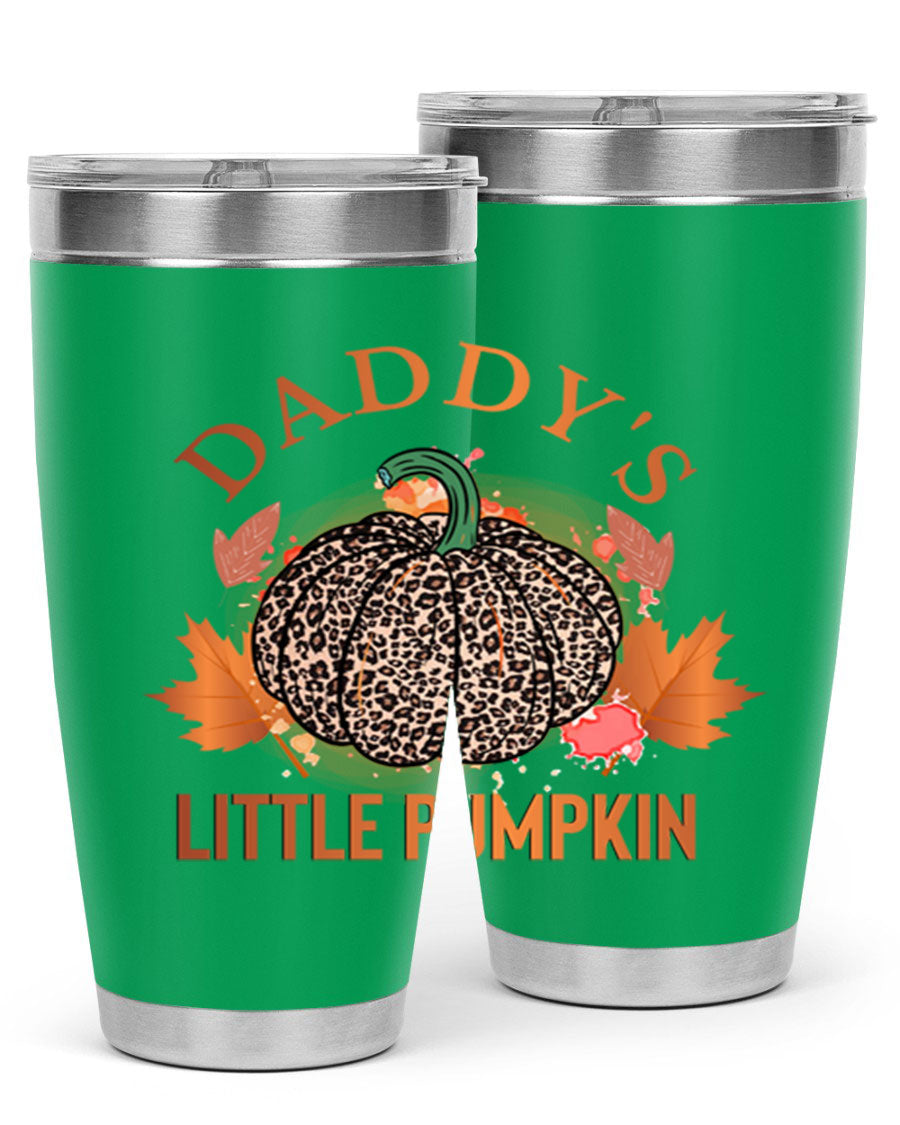 Daddys Little Pumpkin 67# 20oz tumbler featuring a festive fall design, made of stainless steel with a drink-thru lid.