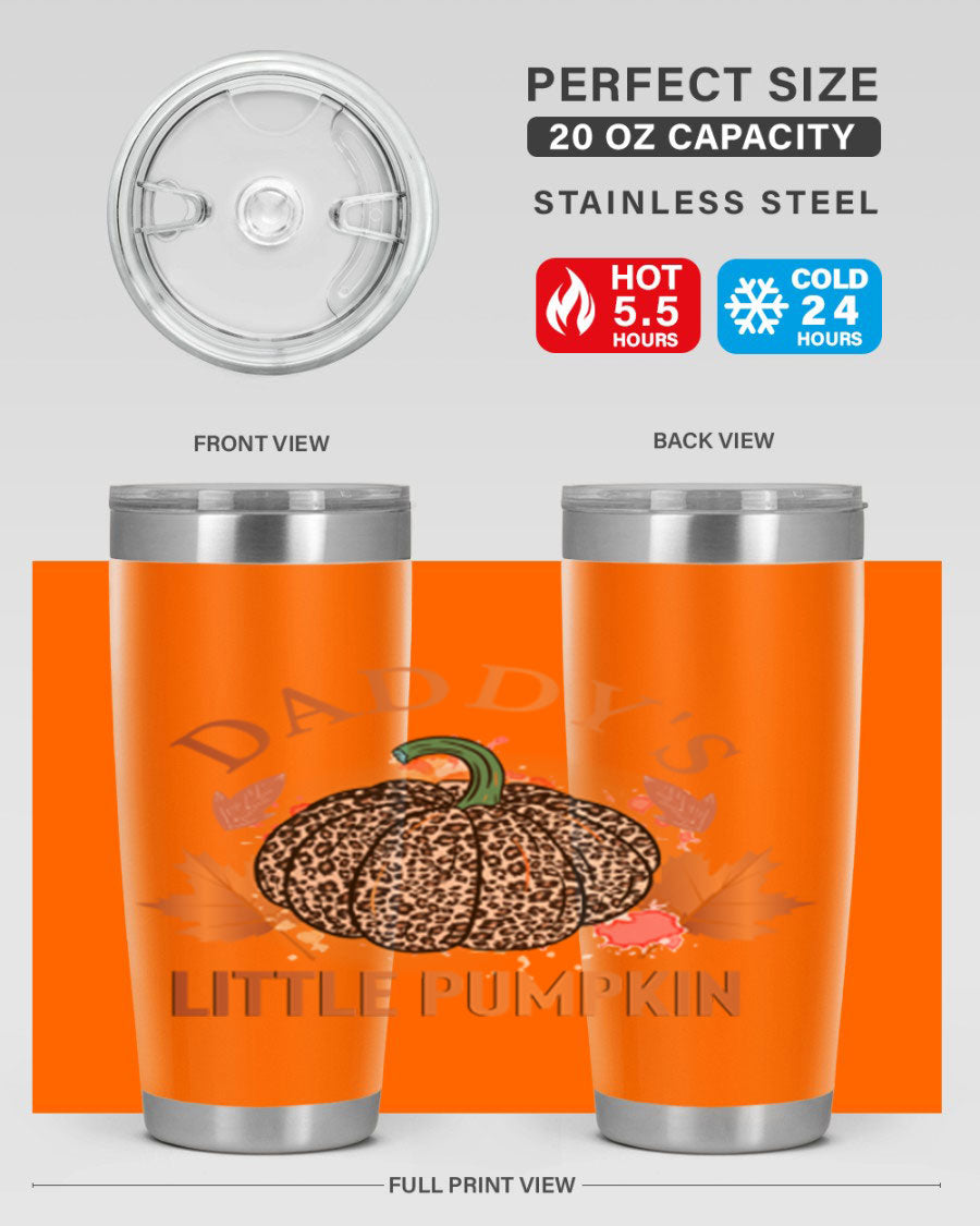Daddys Little Pumpkin 67# 20oz tumbler featuring a festive fall design, made of stainless steel with a drink-thru lid.