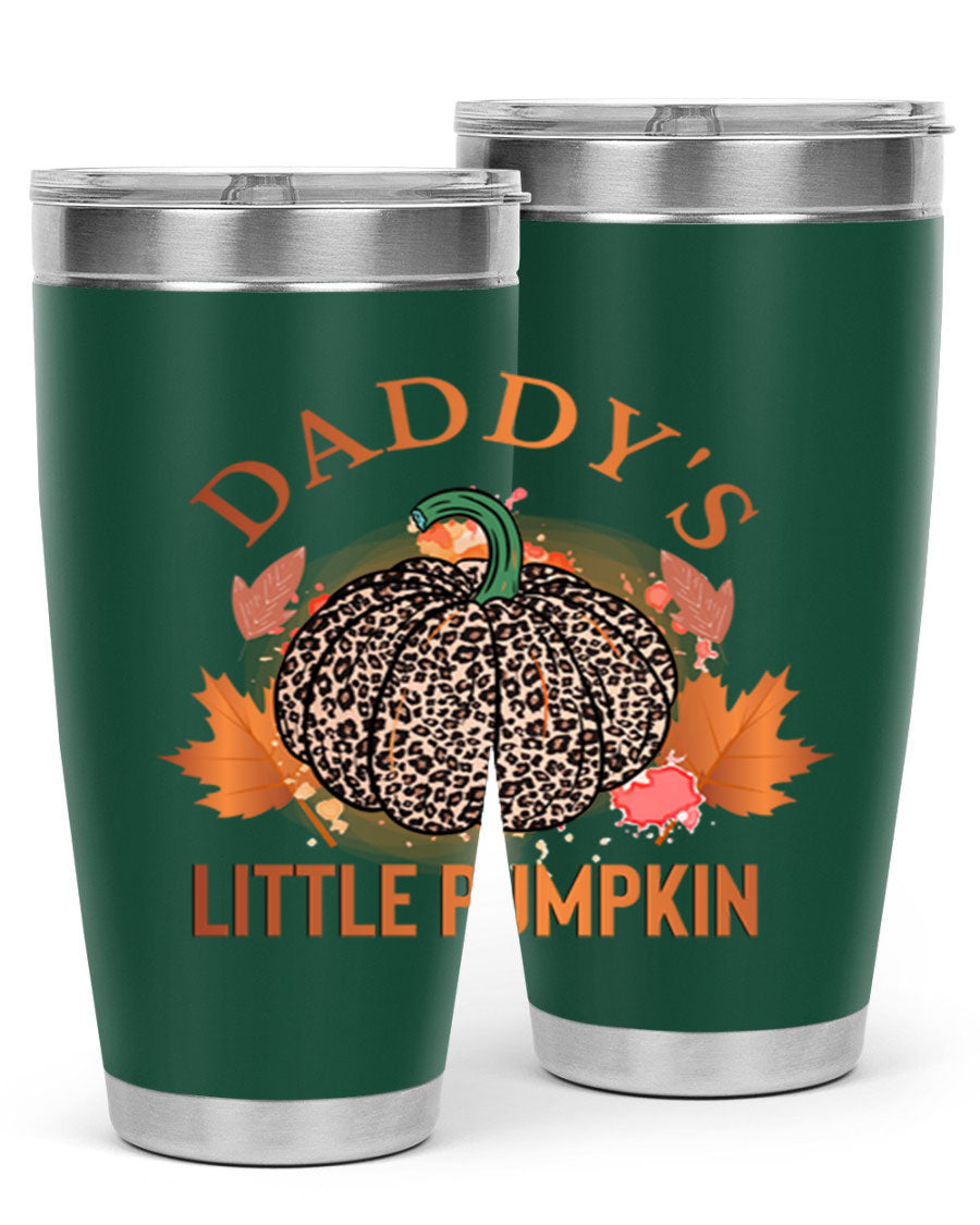 Daddys Little Pumpkin 67# 20oz tumbler featuring a festive fall design, made of stainless steel with a drink-thru lid.