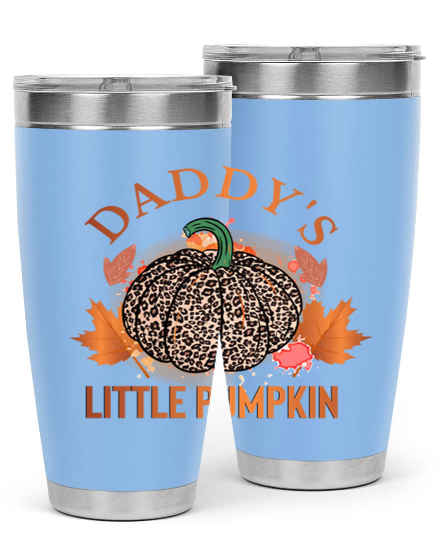 Daddys Little Pumpkin 67# 20oz tumbler featuring a festive fall design, made of stainless steel with a drink-thru lid.