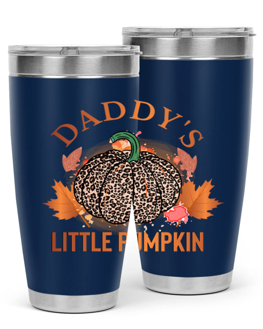 Daddys Little Pumpkin 67# 20oz tumbler featuring a festive fall design, made of stainless steel with a drink-thru lid.