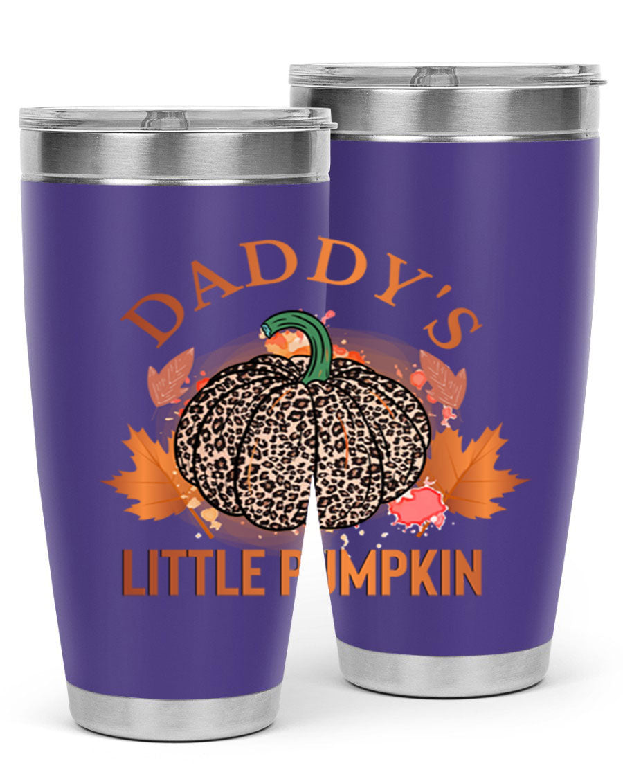 Daddys Little Pumpkin 67# 20oz tumbler featuring a festive fall design, made of stainless steel with a drink-thru lid.