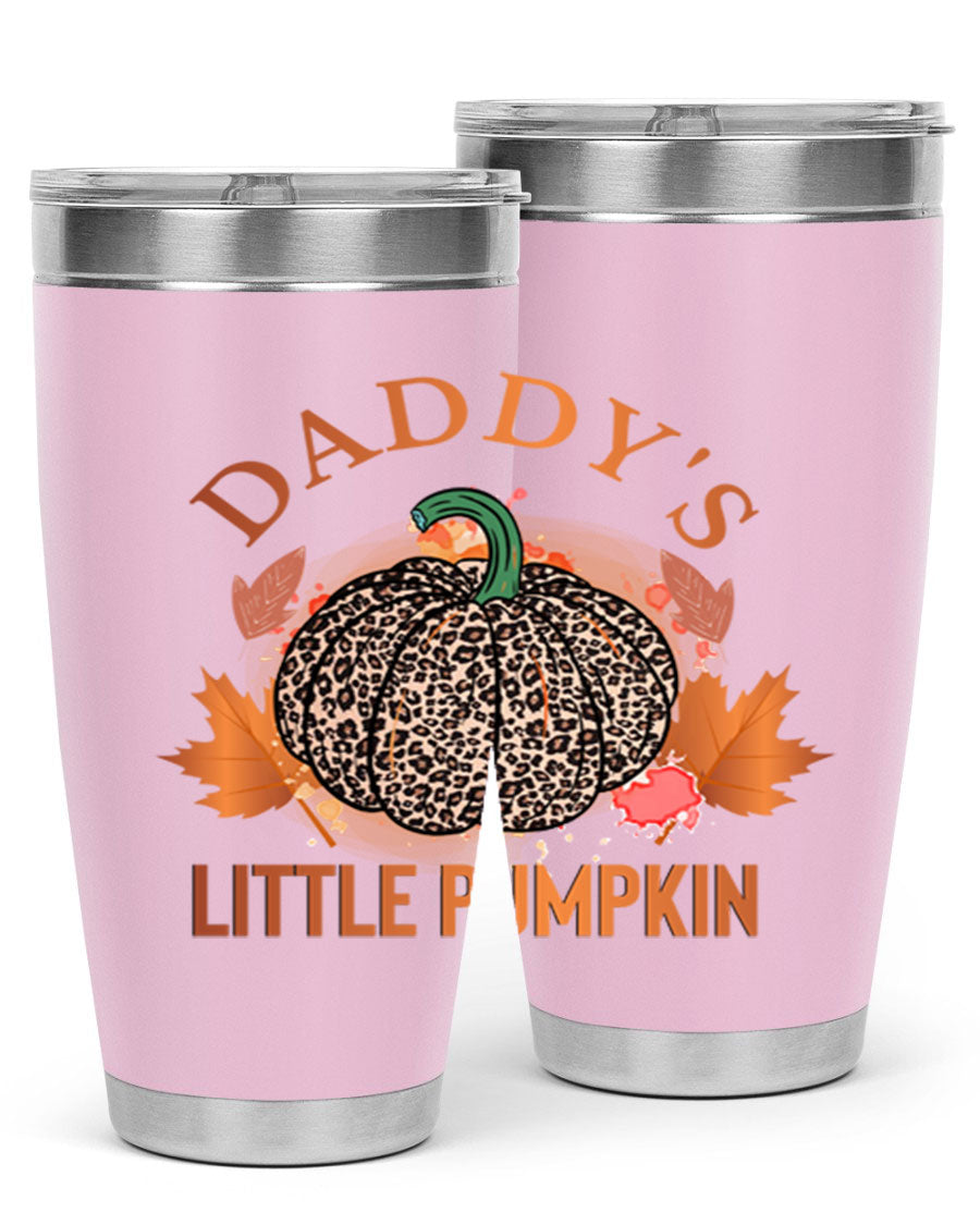 Daddys Little Pumpkin 67# 20oz tumbler featuring a festive fall design, made of stainless steel with a drink-thru lid.