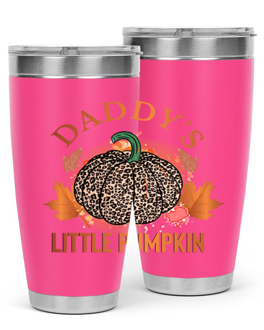 Daddys Little Pumpkin 67# 20oz tumbler featuring a festive fall design, made of stainless steel with a drink-thru lid.