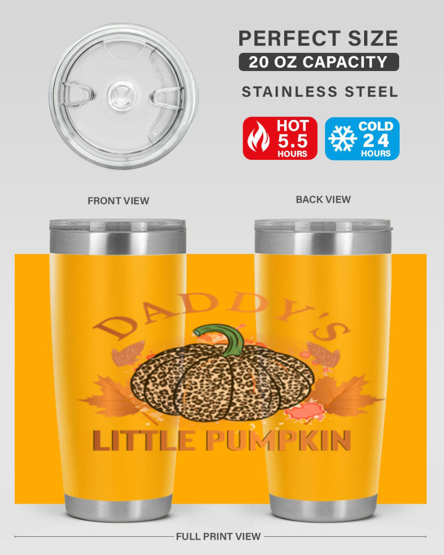 Daddys Little Pumpkin 67# 20oz tumbler featuring a festive fall design, made of stainless steel with a drink-thru lid.