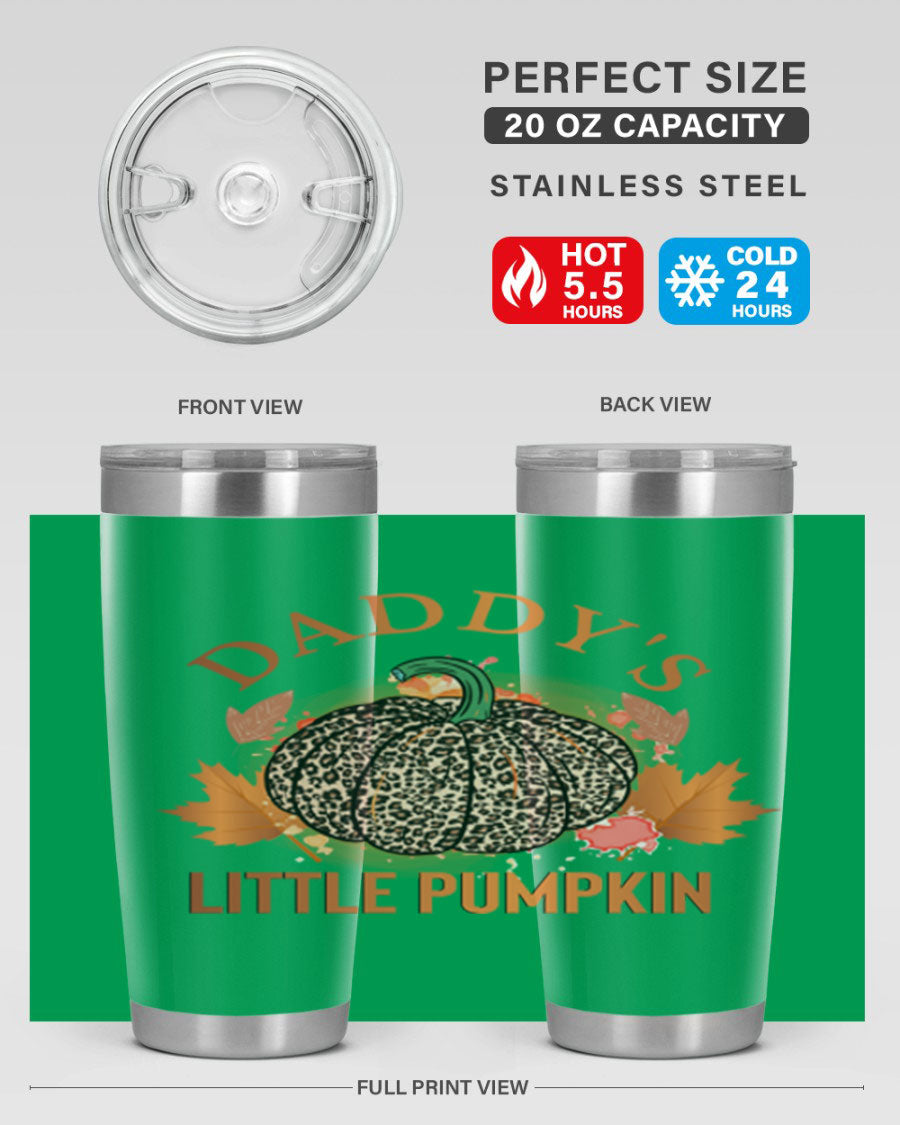 Daddys Little Pumpkin 67# 20oz tumbler featuring a festive fall design, made of stainless steel with a drink-thru lid.