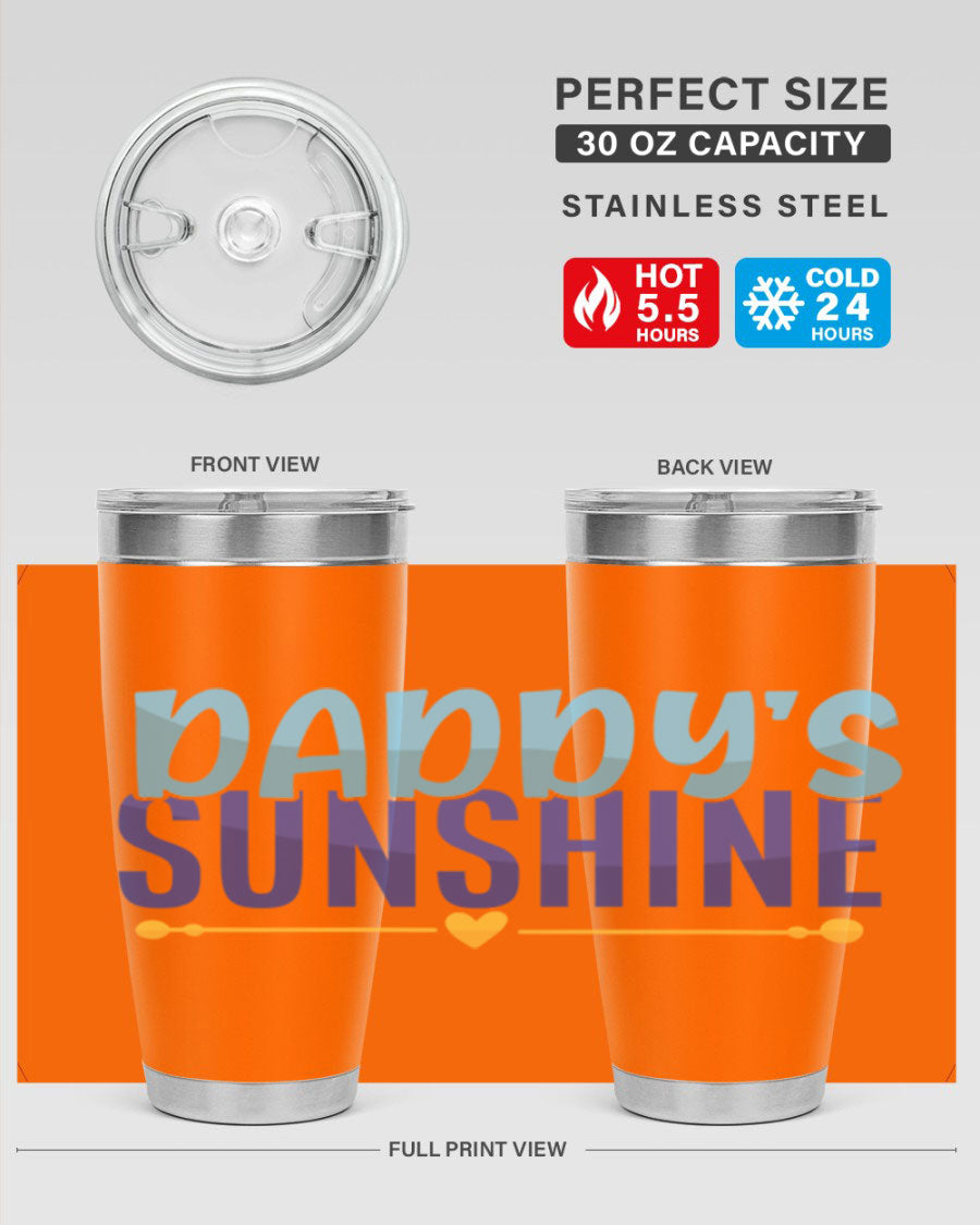 Daddys Sunshine Style 267# baby tumbler in stainless steel with a drink-thru lid, showcasing its sleek design and vibrant print.