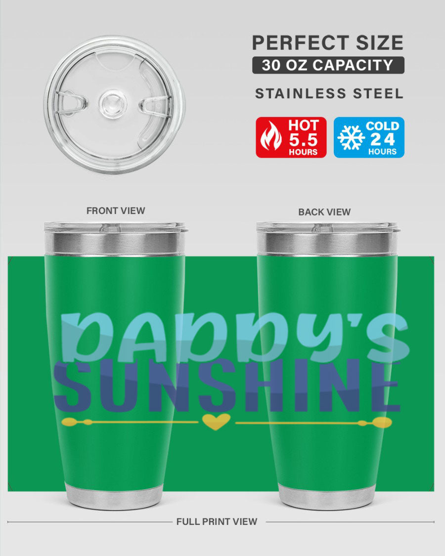 Daddys Sunshine Style 267# baby tumbler in stainless steel with a drink-thru lid, showcasing its sleek design and vibrant print.