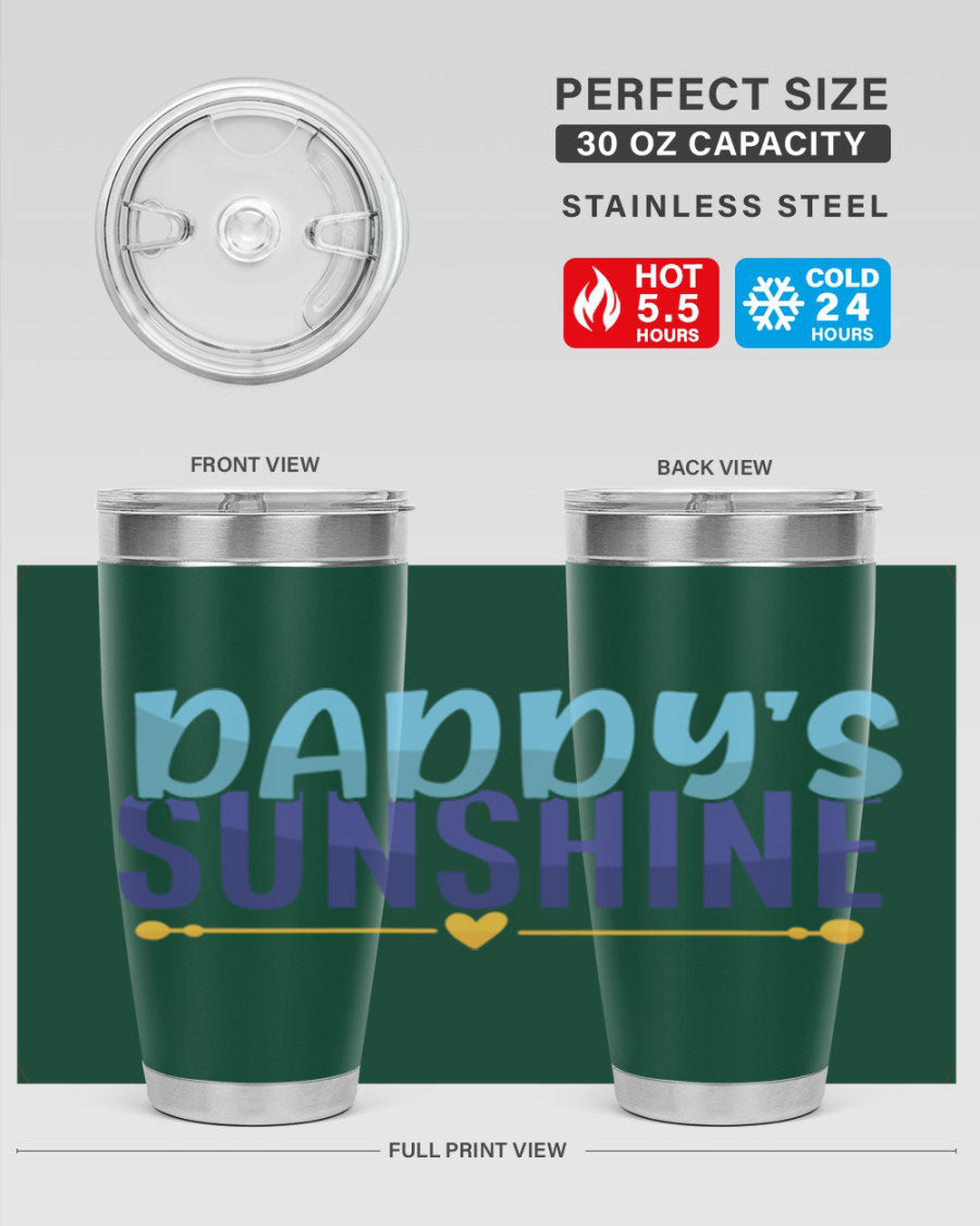 Daddys Sunshine Style 267# baby tumbler in stainless steel with a drink-thru lid, showcasing its sleek design and vibrant print.
