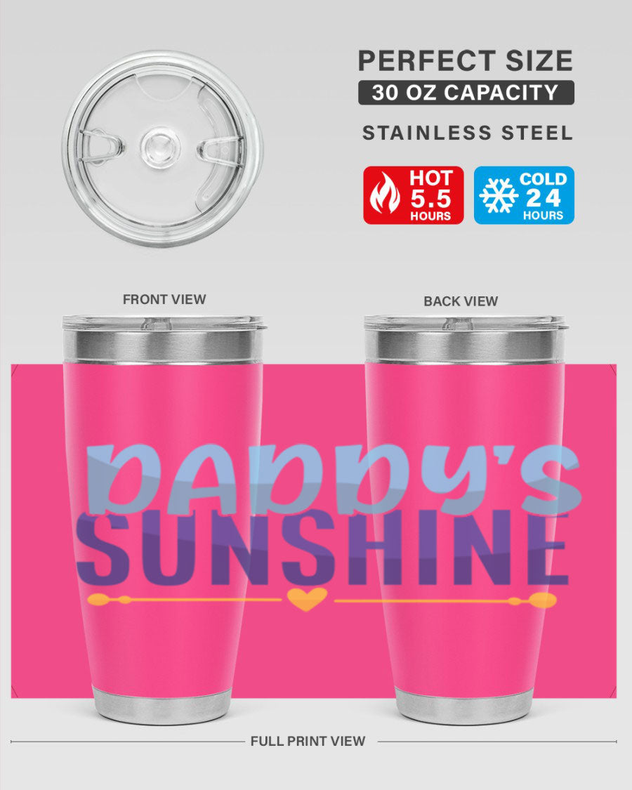Daddys Sunshine Style 267# baby tumbler in stainless steel with a drink-thru lid, showcasing its sleek design and vibrant print.