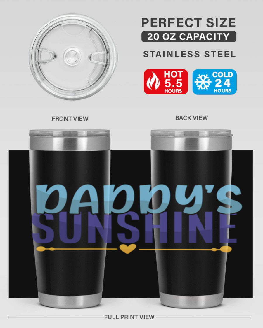 Daddys Sunshine Style 267# baby tumbler in stainless steel with a drink-thru lid, showcasing its sleek design and vibrant print.