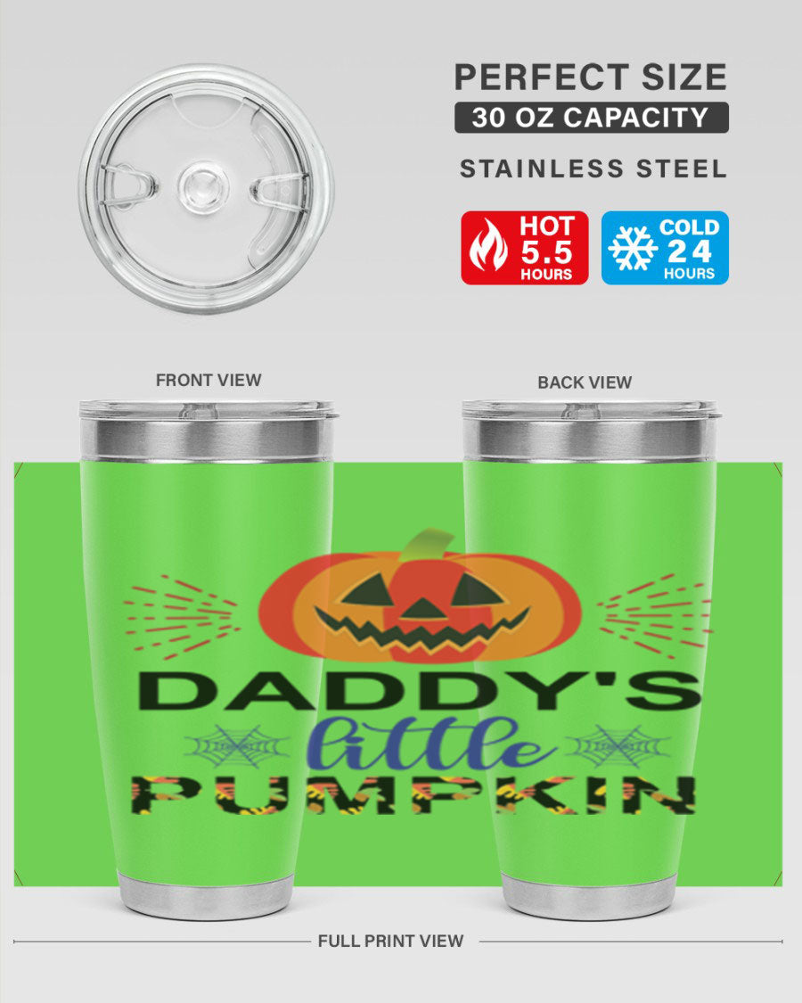 Daddyslittlepumpkin 68# fall tumbler showcasing a vibrant autumn design, made of stainless steel with a drink-thru lid.