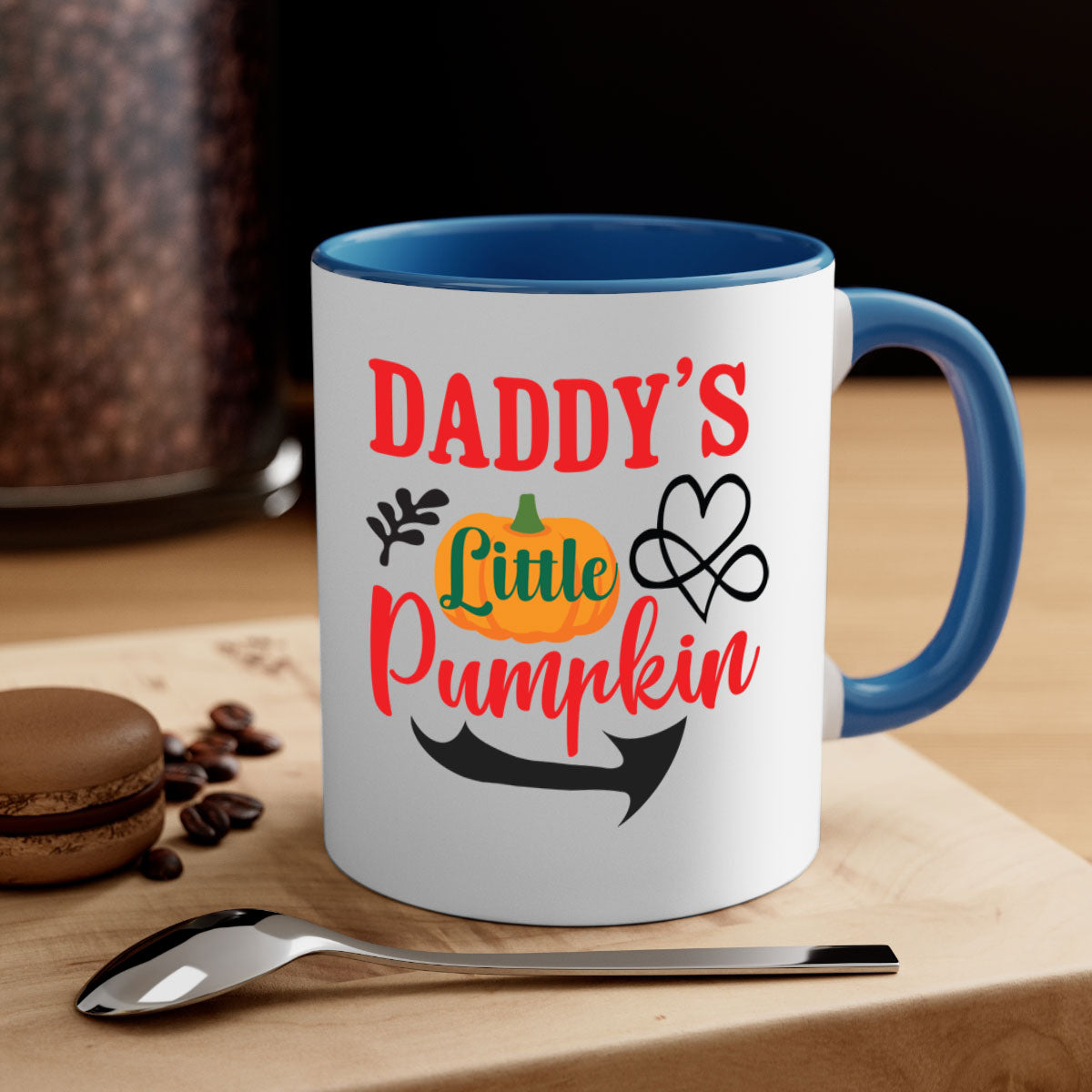DADDYSLITTLEPUMPKIN 69# Mug featuring a glossy finish, colored handle, and interior, available in five vibrant colors.